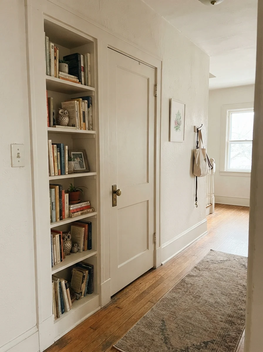 Hallway showing a painted interior door and built-in bookshelf with stacked books.