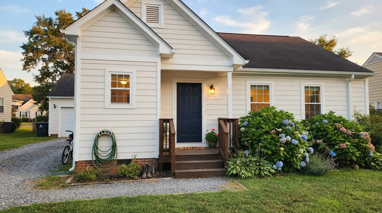 House exterior with off-white horizontal siding, navy front door, and white trim.