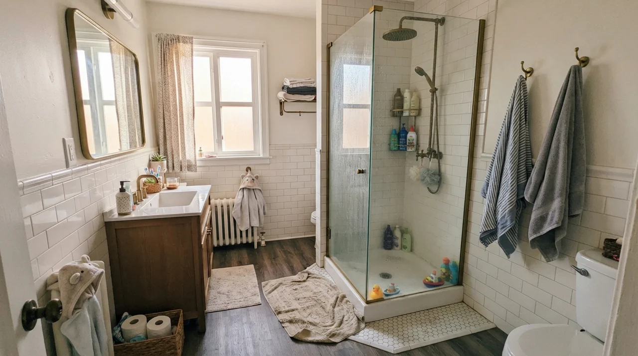 Family bathroom with painted upper walls, subway tile wainscot, brass shower fixtures, and a bath mat.