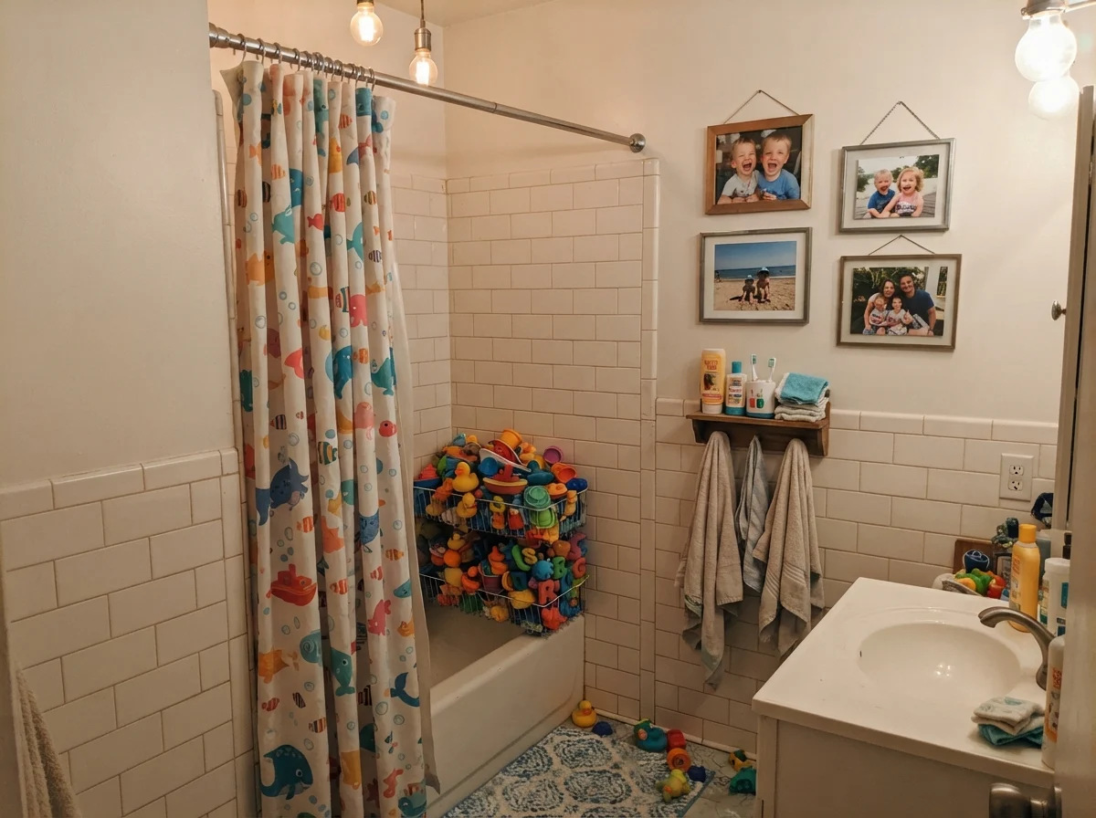 Kids bathroom with subway tile wainscot, bath toys in a basket, and painted walls.