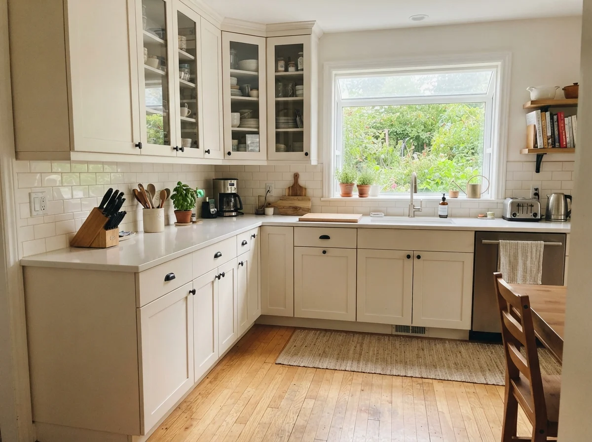 Kitchen with painted shaker cabinets, white subway tile, and light wood flooring.