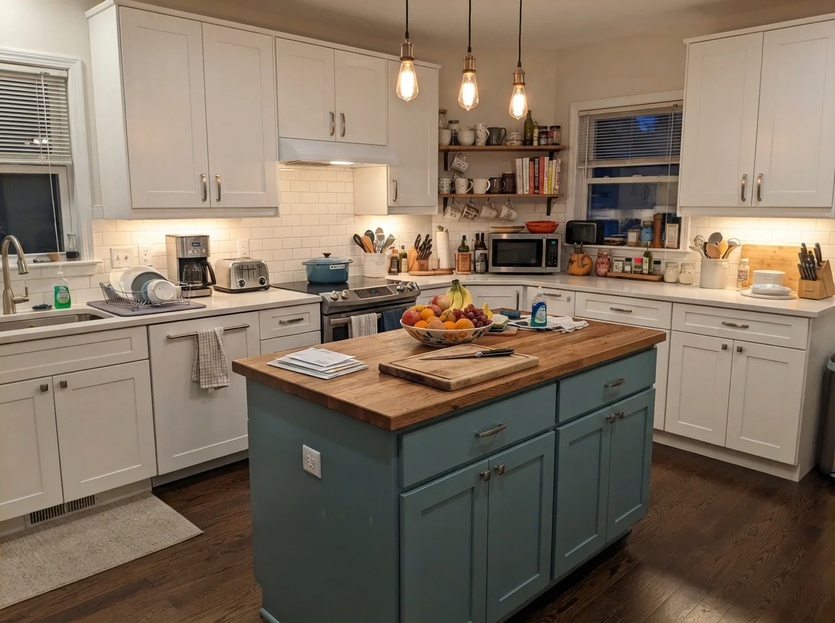 Kitchen island painted off-white surrounded by white perimeter cabinets.