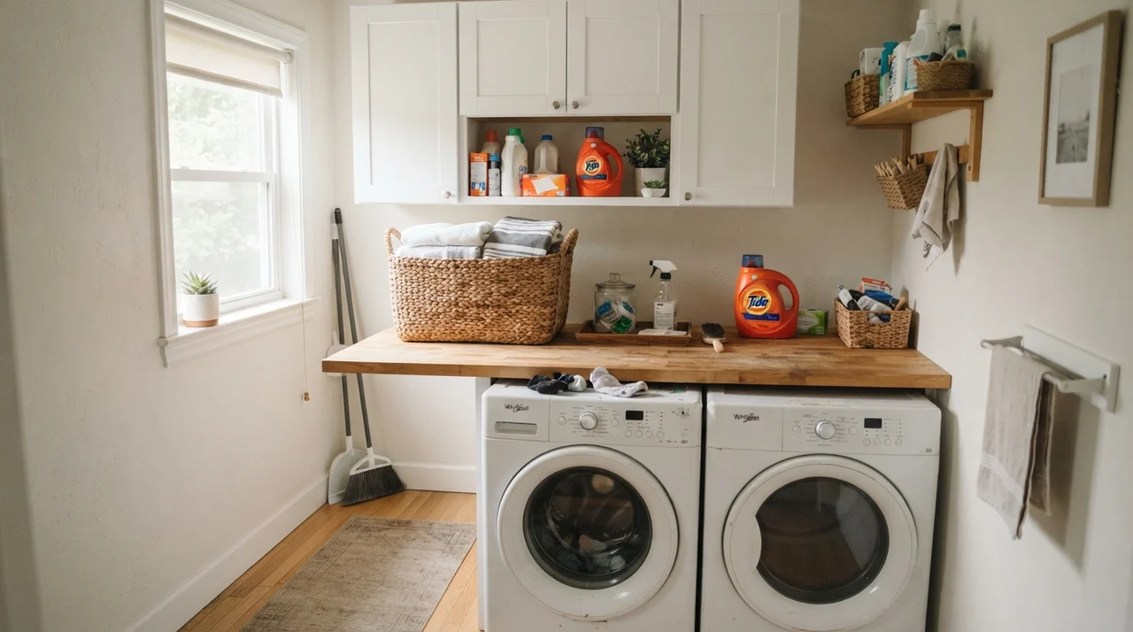 Bright laundry room with painted walls, butcher block counter, and washer dryer.