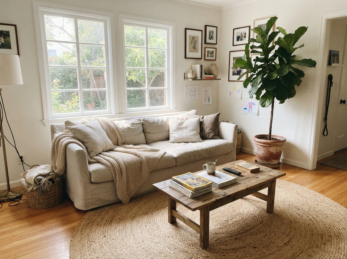 Sunlit living room with linen couch, jute rug, coffee table, and Dove White walls.