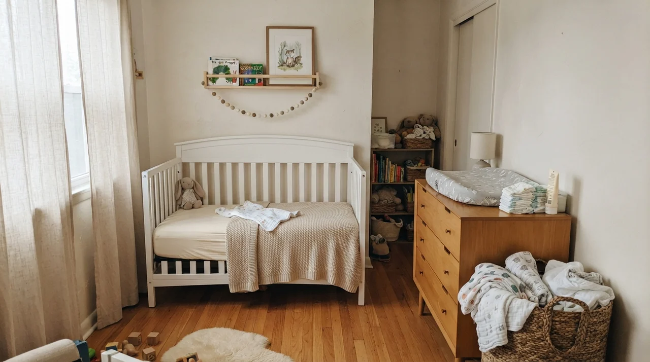 Nursery with white crib, light wood changing dresser, and warm painted walls.