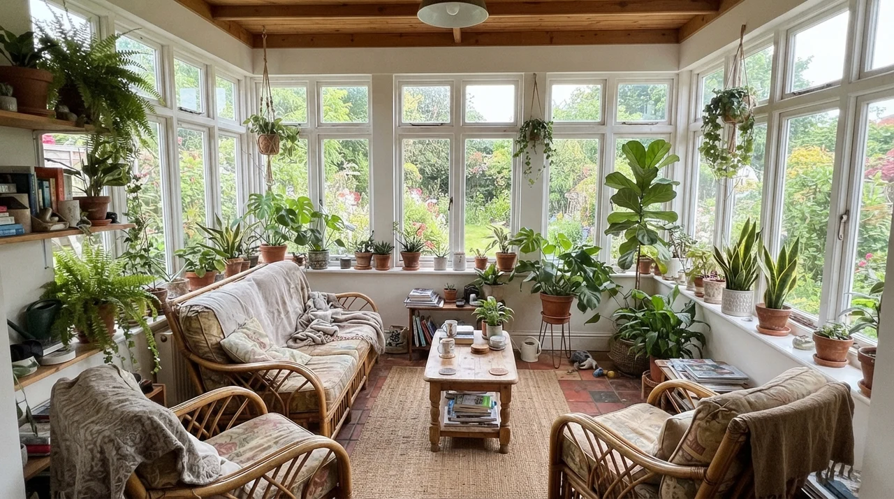 Bright sunroom with multiple white-framed windows, rattan furniture, and plants.