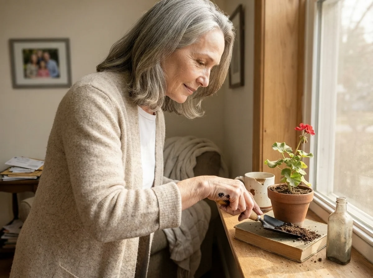 Susan tending a potted geranium on a windowsill in front of warm off-white walls.