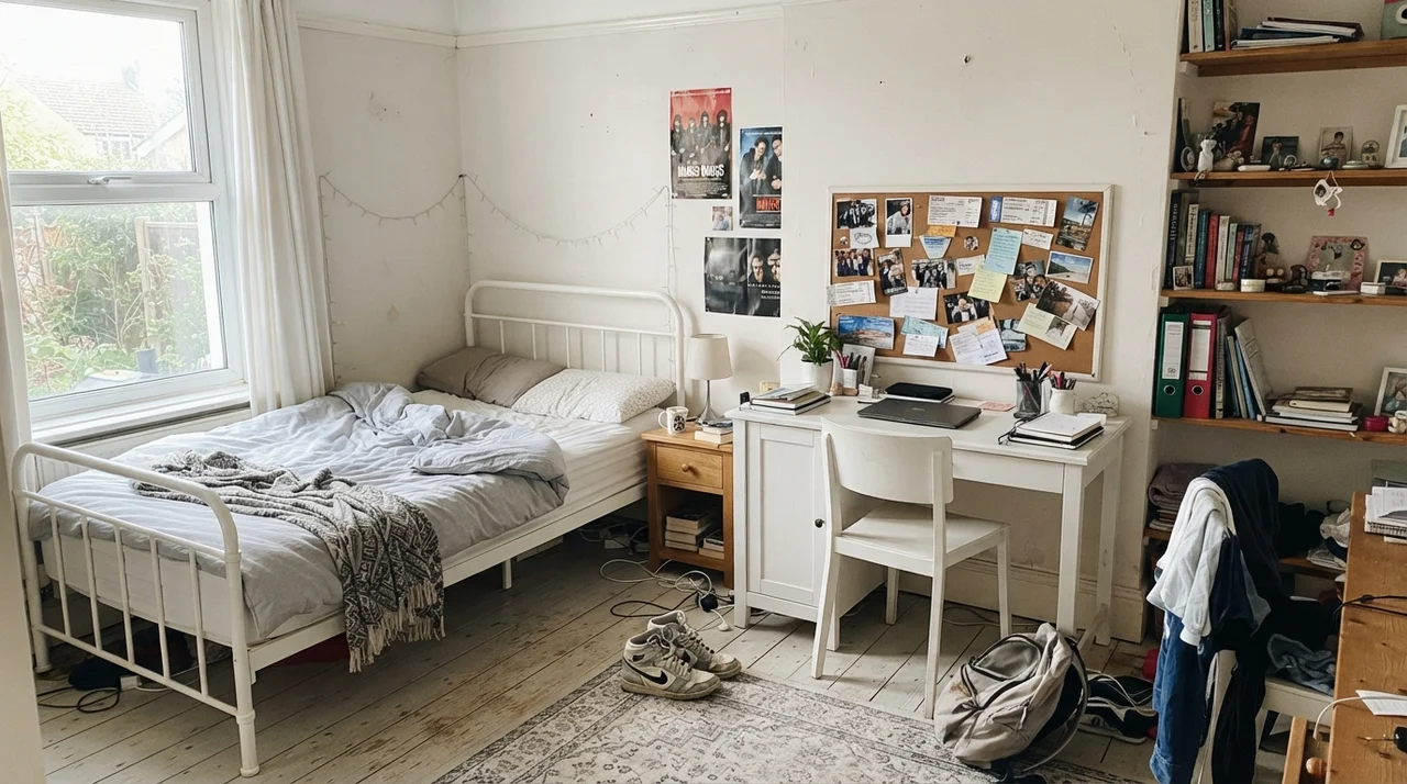 Teenager bedroom with white metal bed, small desk, open shelving, and painted walls.