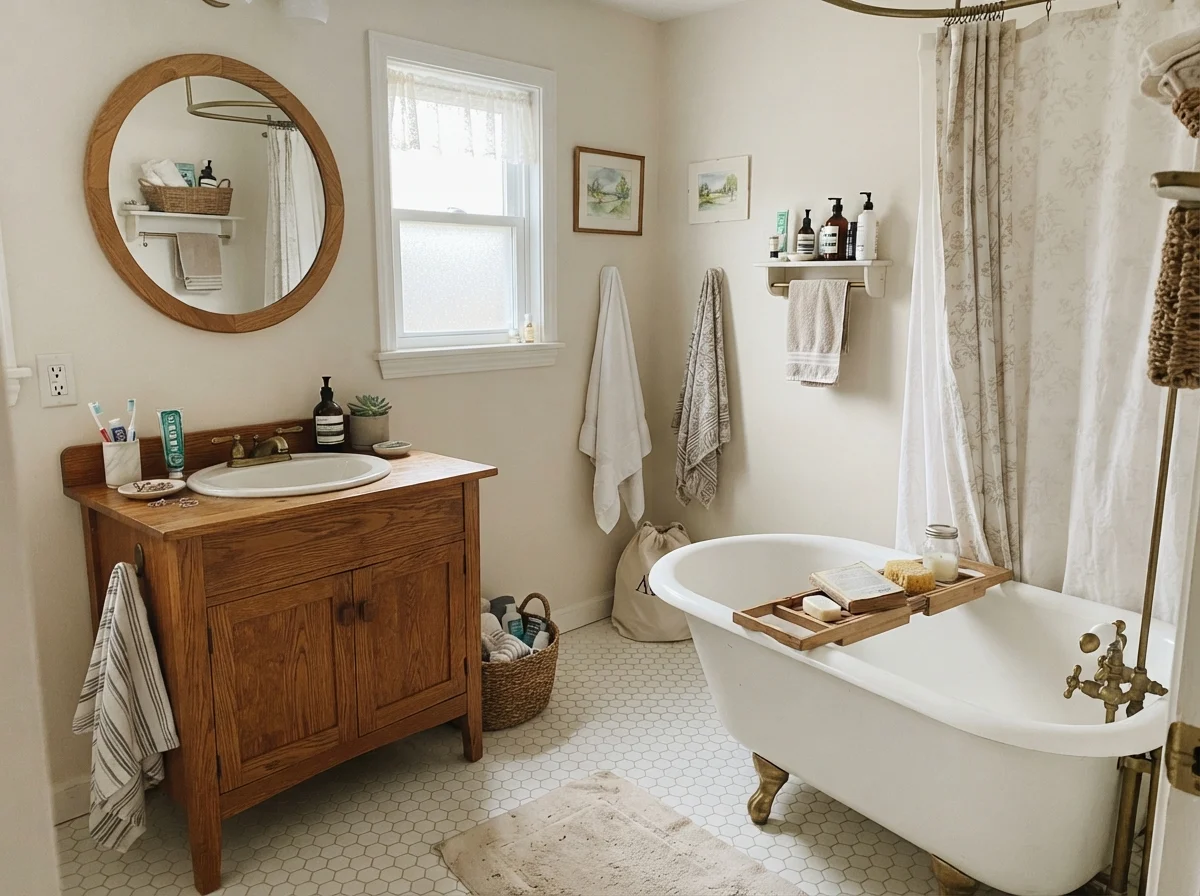 Cottage bathroom with white clawfoot tub, hex tile, oak vanity, and greige walls.