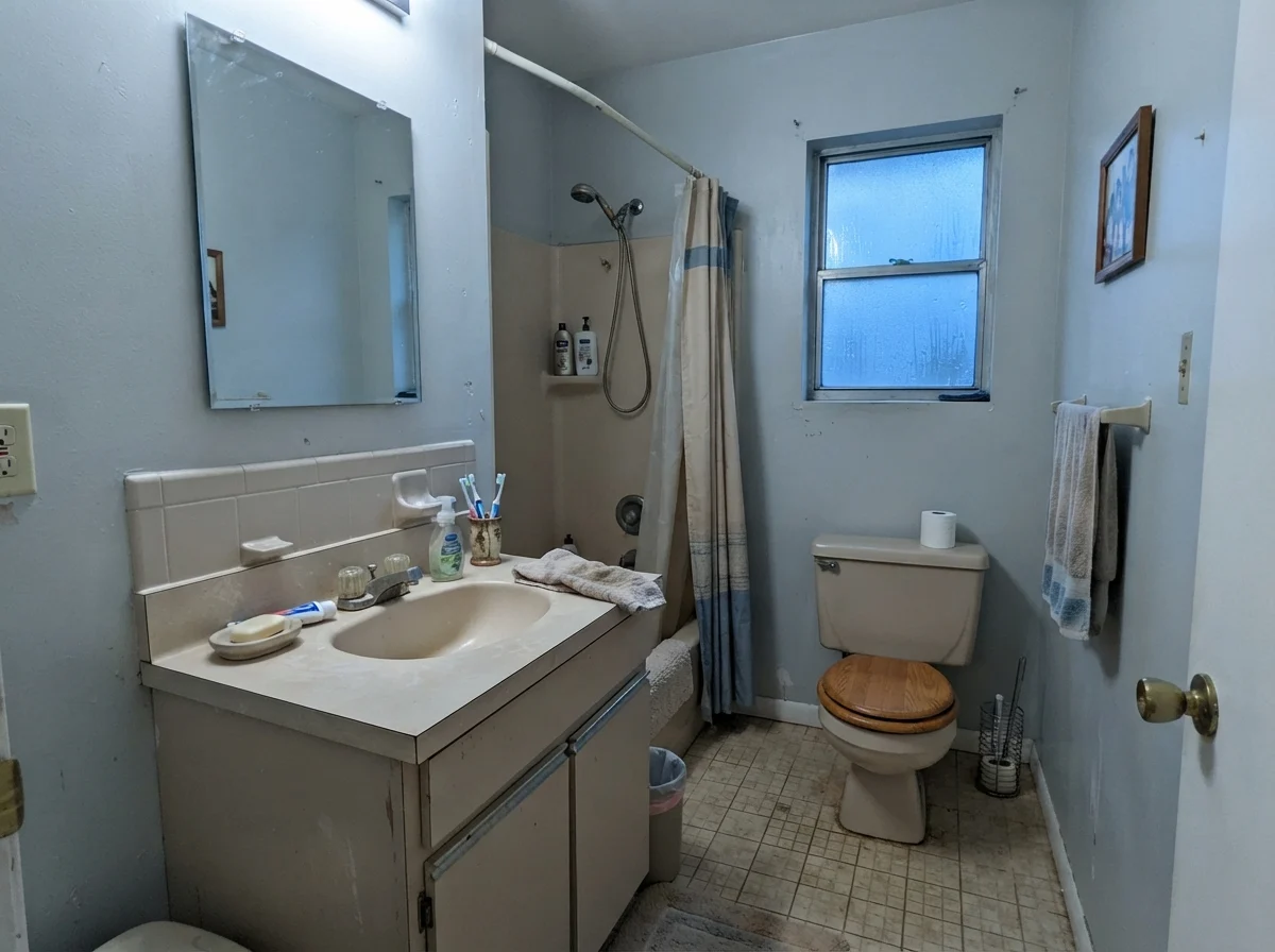 Modest bathroom with cool north light making greige walls look cold and grayish.