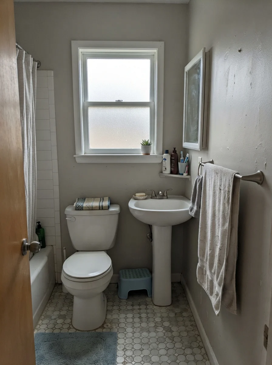 Small bathroom with greige walls looking muted and cool in overcast light.