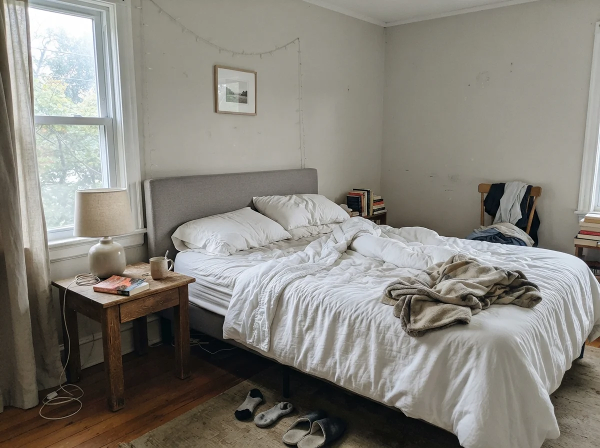 Bedroom with unmade white bedding and walls painted in cool early morning light.