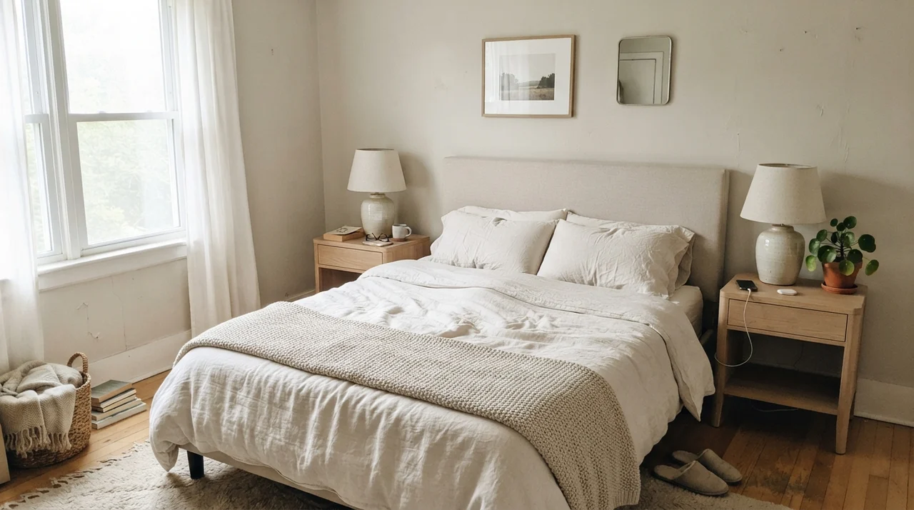 Bright main bedroom with soft greige walls, pale oak furniture, and white linen bedding.