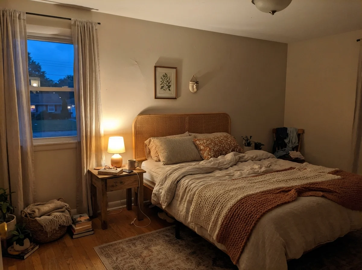 Bedroom at dusk with a warm table lamp casting soft light on greige walls.