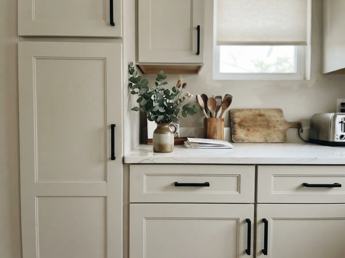 Close-up of greige painted cabinet door with matte black handle and white quartz counter.