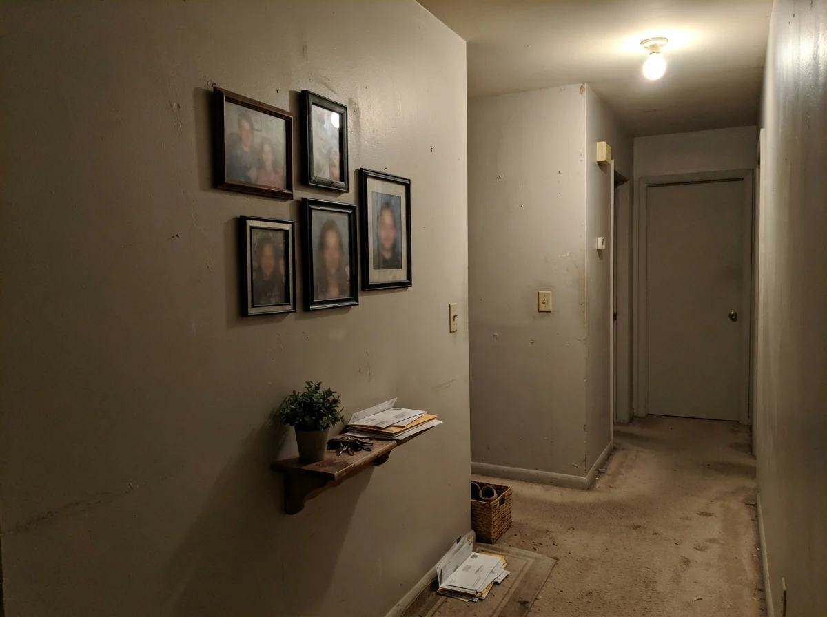 Dim windowless hallway corner showing muddy greige paint under a single bulb.