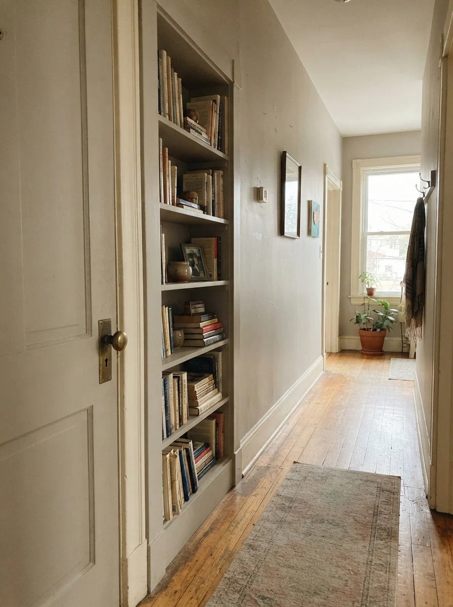 Interior hallway door and built-in bookshelf painted greige with brass hardware.