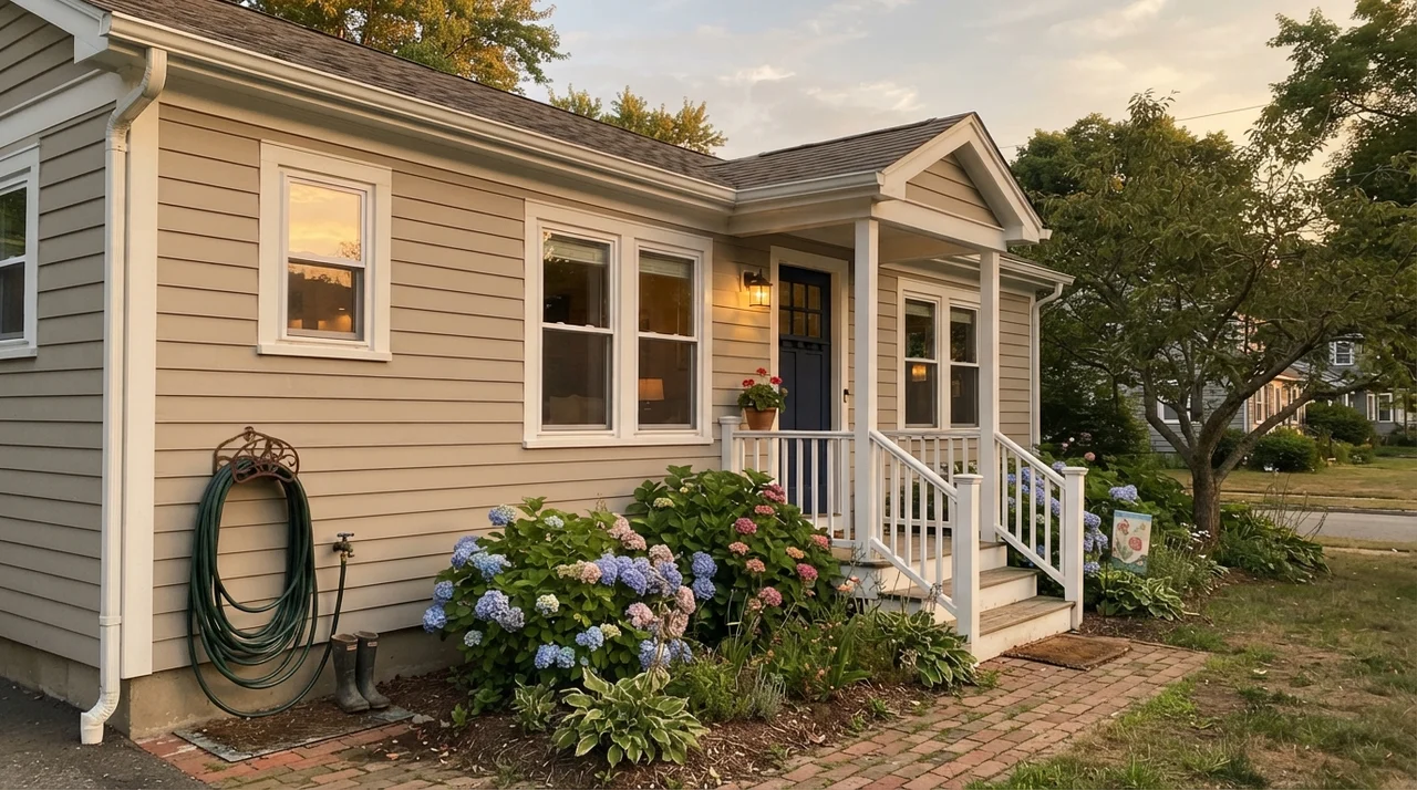 Exterior of house with horizontal greige siding, white trim, and a dark navy front door.