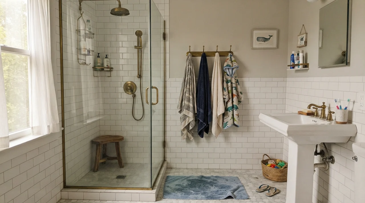 Family bathroom upper walls painted light greige above white subway tile wainscot with brass shower fixtures.