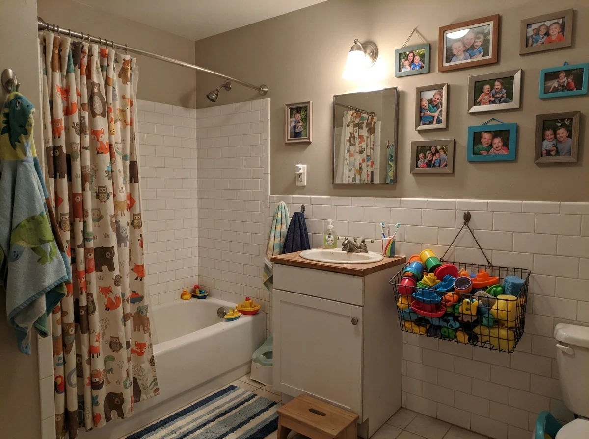Kids' bathroom with subway tile wainscoting and painted upper walls in warm light.