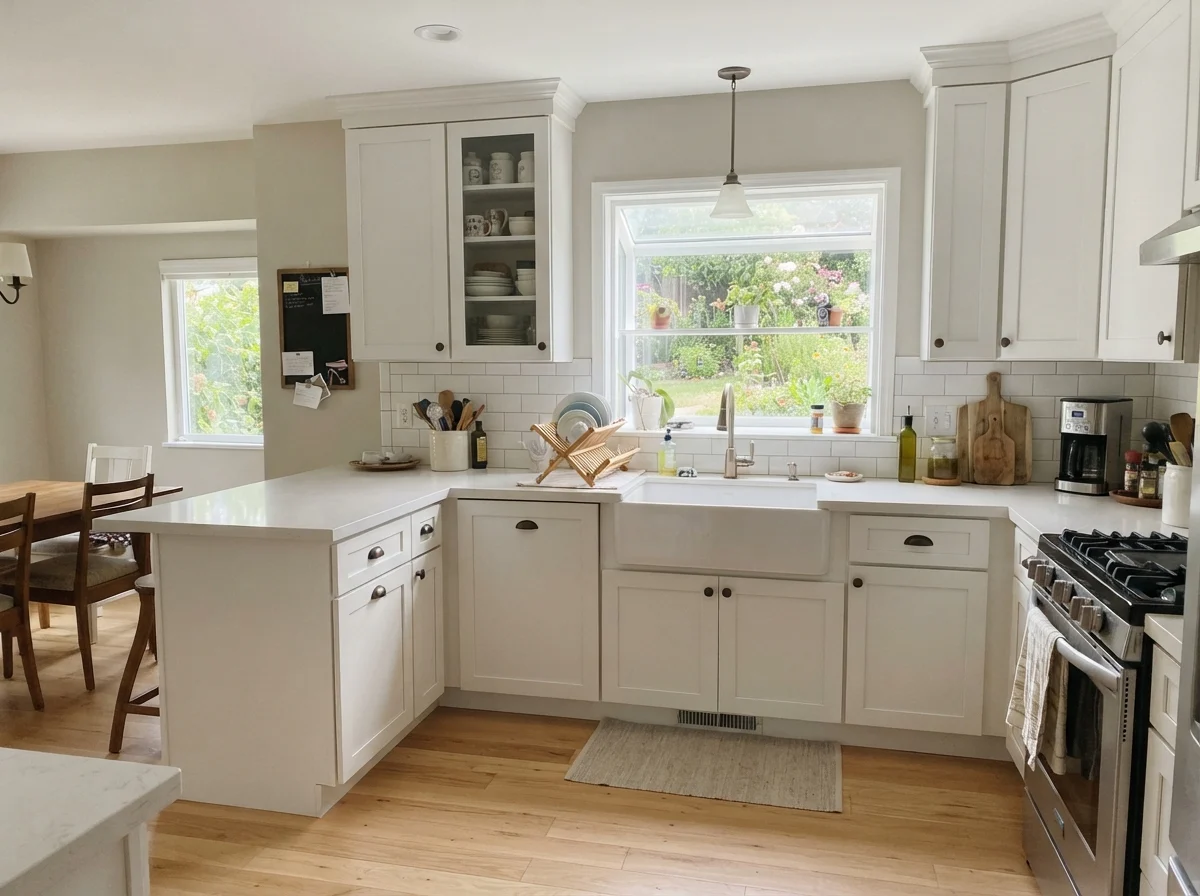 Kitchen shaker cabinets painted soft greige with white subway tile and white counters.