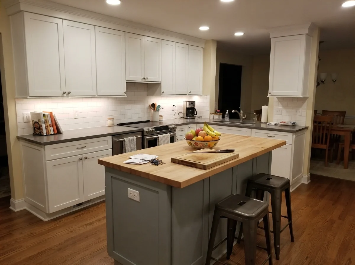 Kitchen island painted soft greige surrounded by white perimeter cabinets.