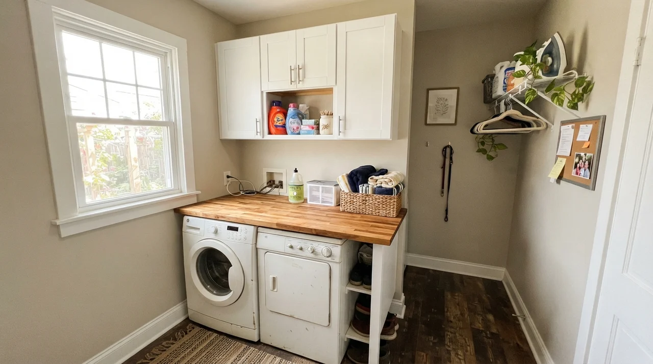 Bright laundry room with greige walls, butcher block counter, and white appliances.
