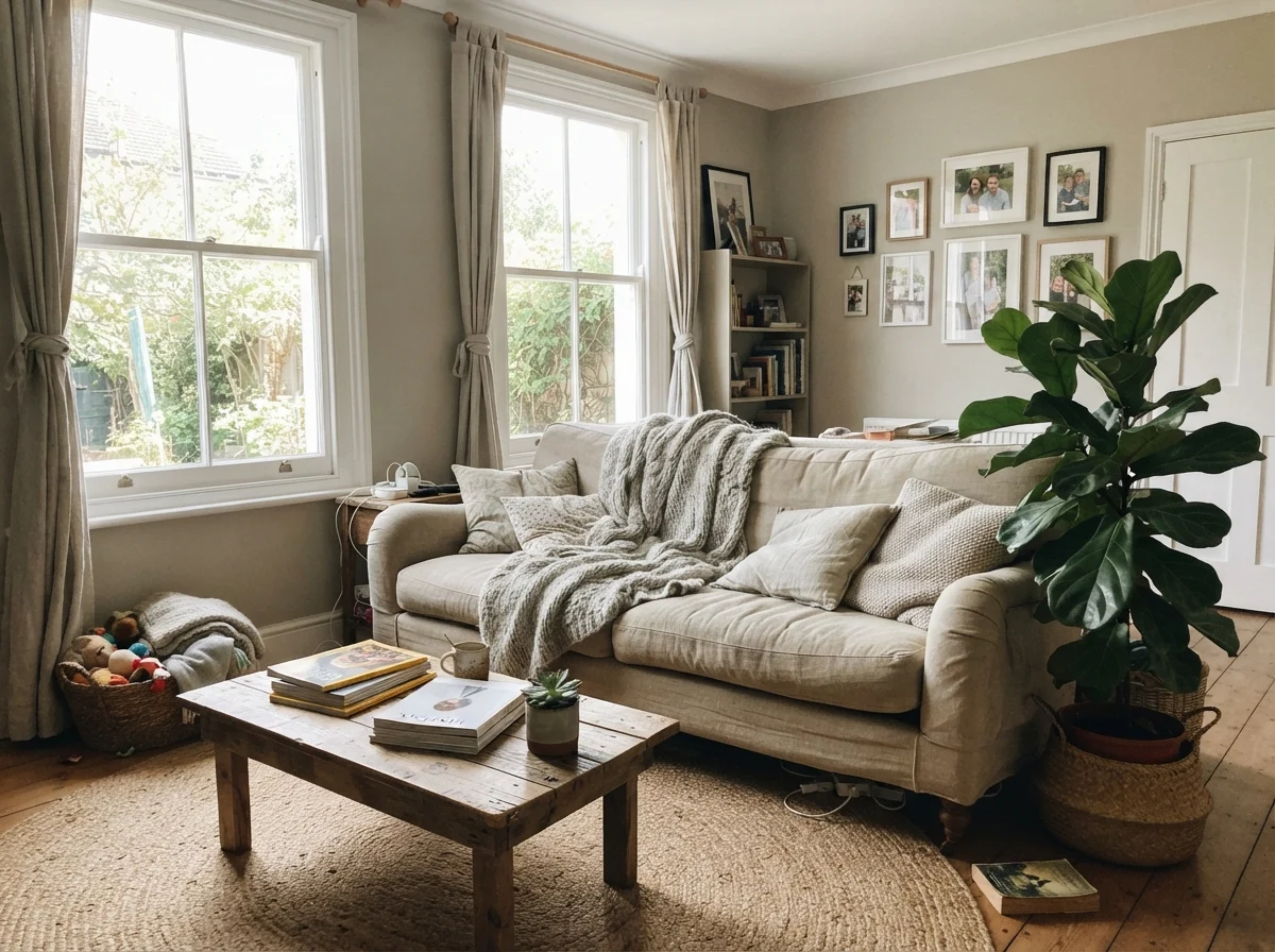 Bright living room with greige walls, linen sofa, jute rug, and generous daylight.
