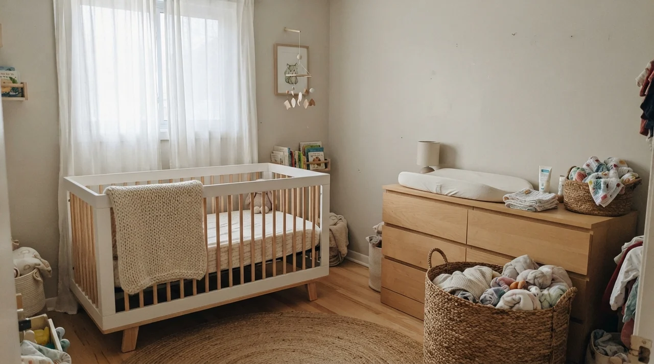 Nursery with soft greige walls, white crib, and light wood dresser.