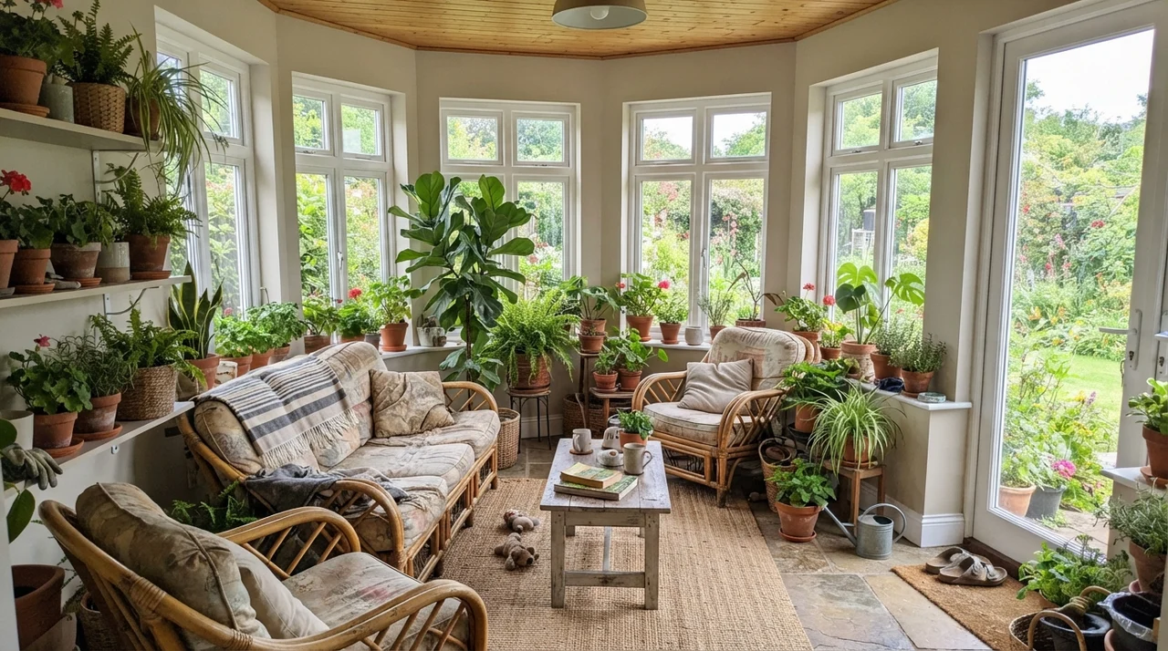 Sunroom filled with plants and rattan furniture against soft greige painted walls.