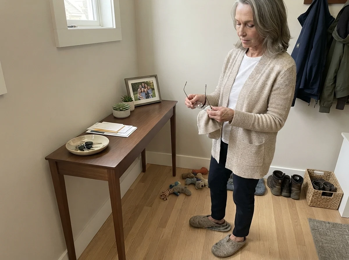 Susan Hartley cleaning her glasses in a hallway painted in Valspar Goose Feathers.