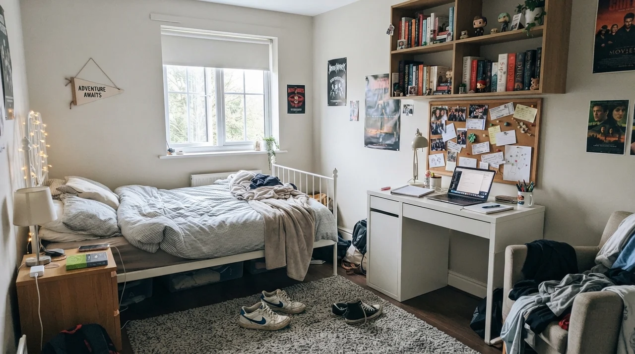 Teenager's bedroom with painted greige walls, desk, and white metal bed frame.