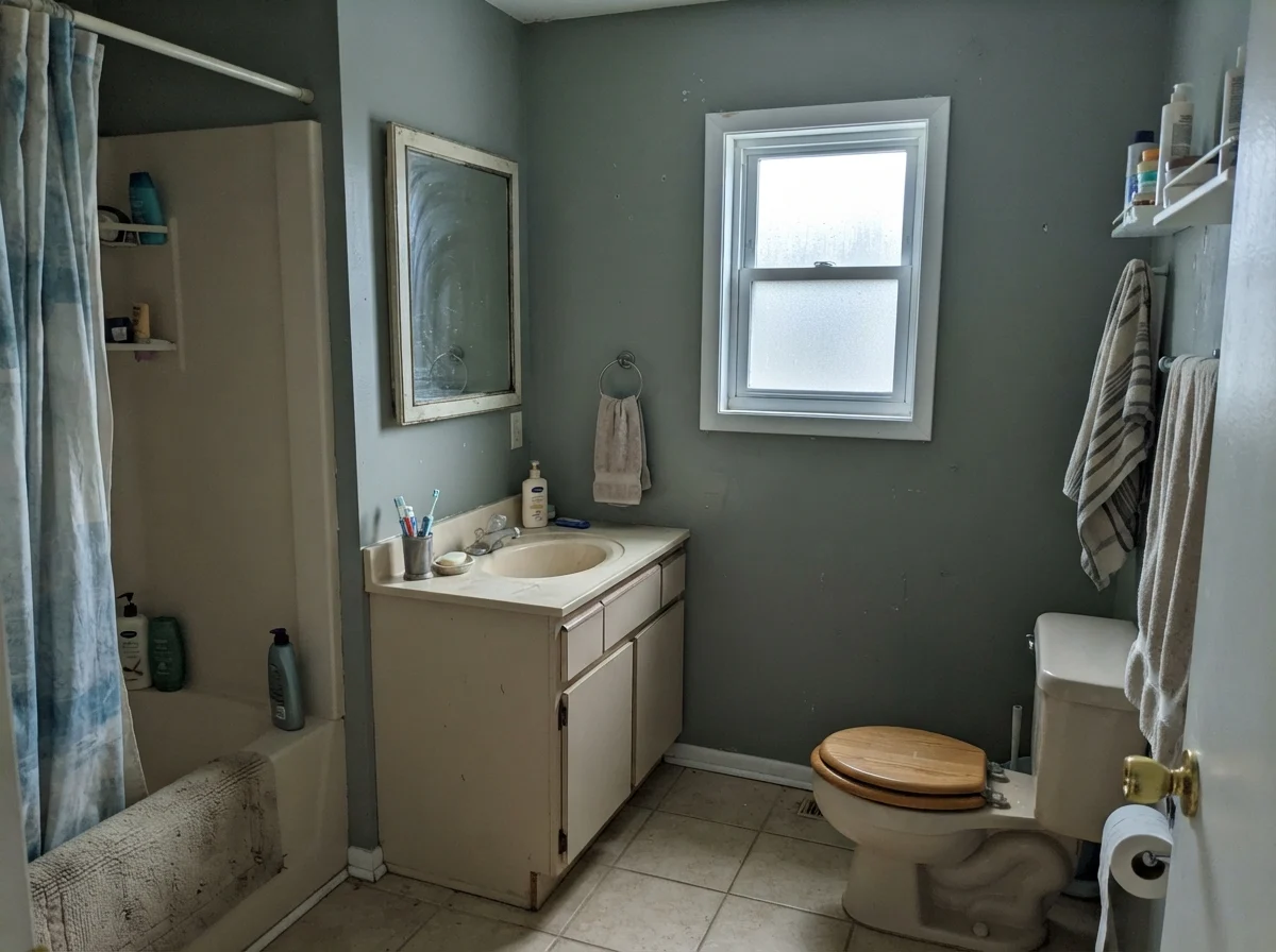 Modest dated bathroom with Warm Eucalyptus painted walls picking up a cool cast beside an older beige vanity.