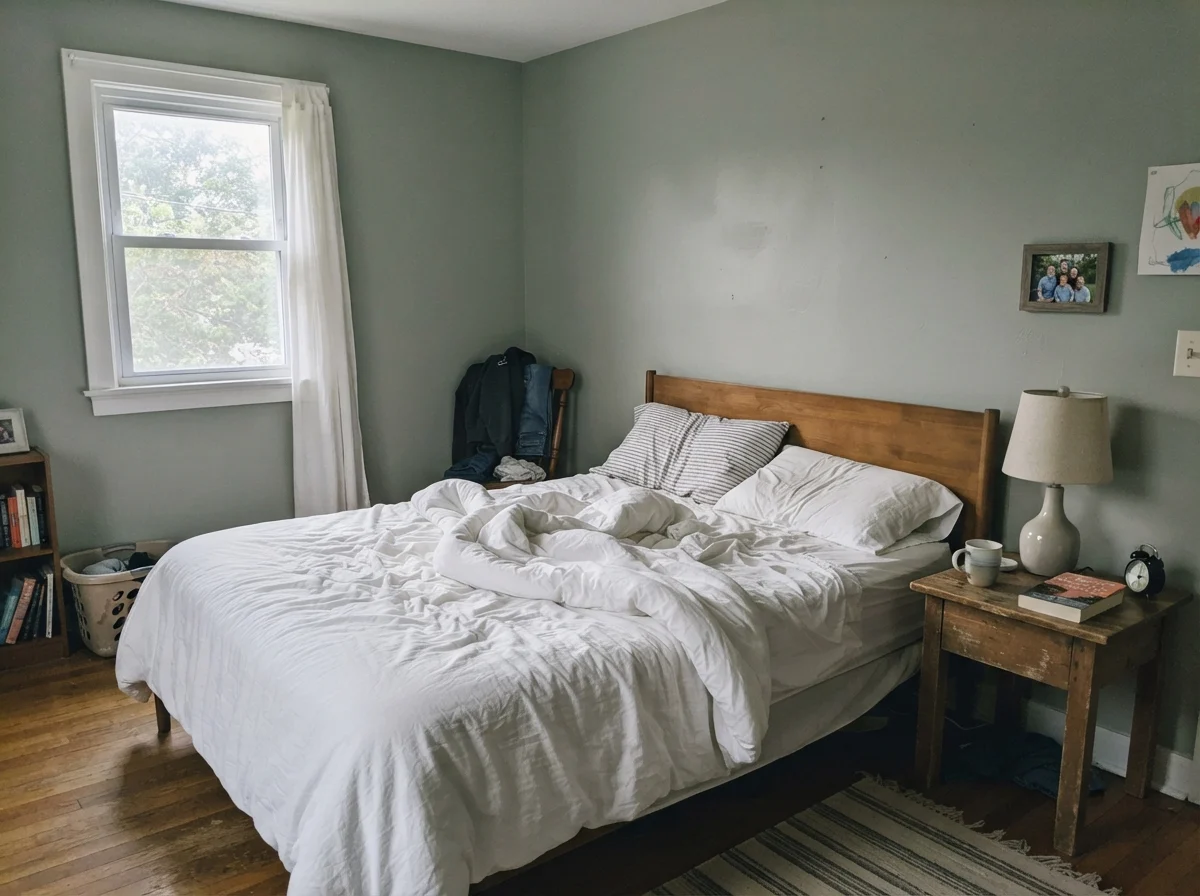 Simple bedroom in cool morning daylight showing walls painted in Warm Eucalyptus looking pale and washed out.