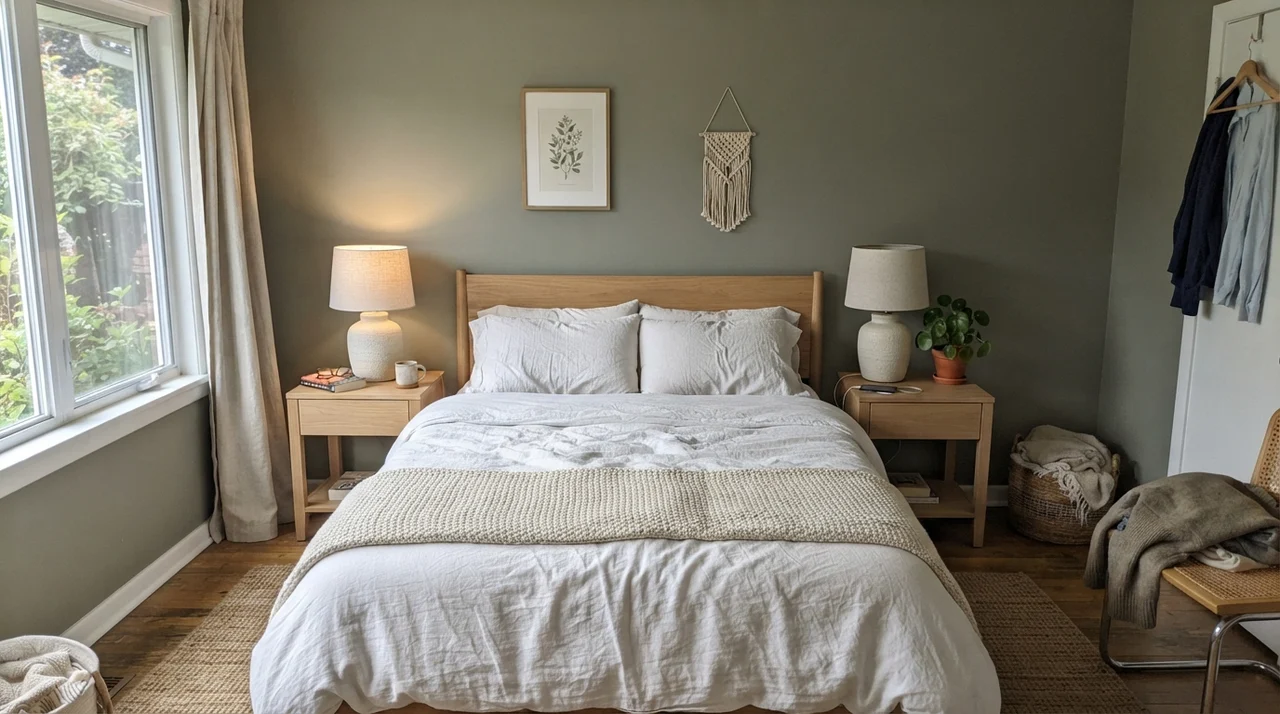 Serene main bedroom with Warm Eucalyptus walls, white linen bedding, and pale oak nightstands.