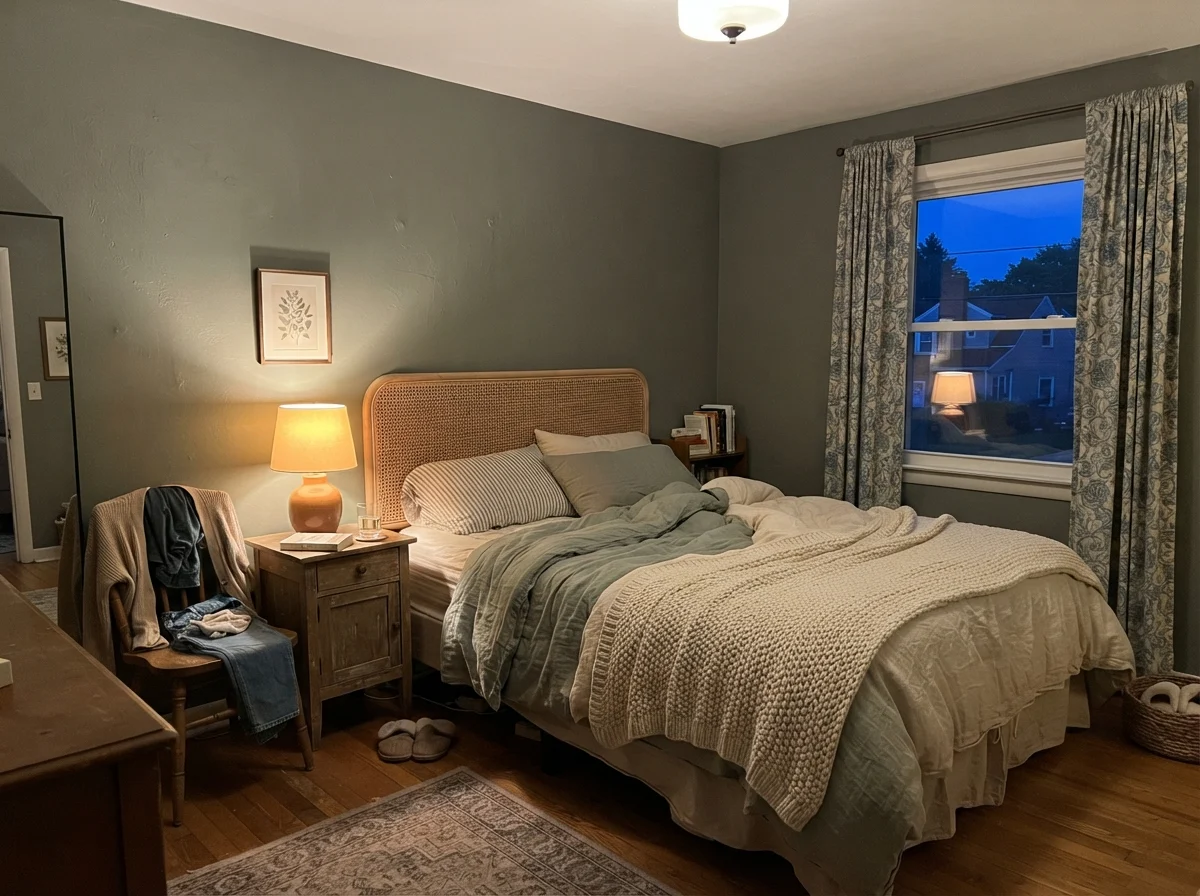 Bedroom at evening with warm lamp glow on Warm Eucalyptus painted wall and rattan headboard.