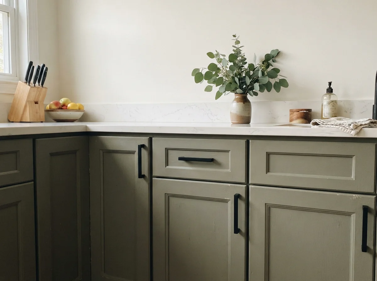 Close-up of Warm Eucalyptus shaker cabinet fronts with matte black handles and white quartz counter.
