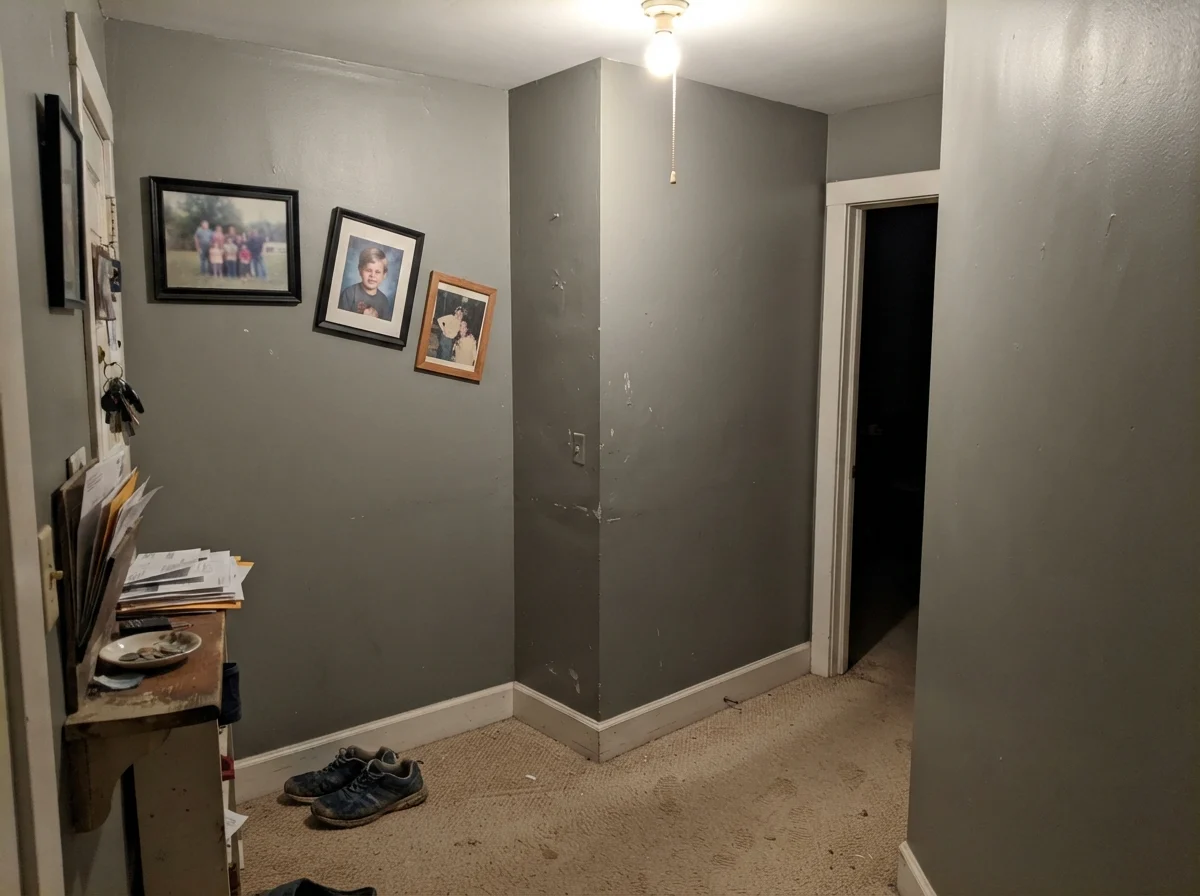Windowless hallway corner with Warm Eucalyptus paint reading flat and muddy beside beige carpet.