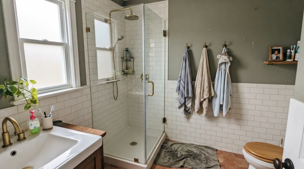 Family bathroom with Warm Eucalyptus painted above white subway tile wainscot and brass fixtures.