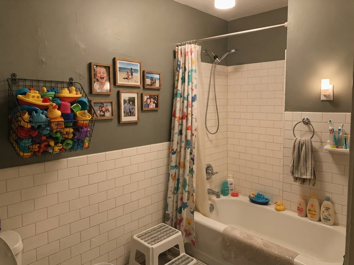 Kids' bathroom with painted walls over white subway tile and colorful bath toys.
