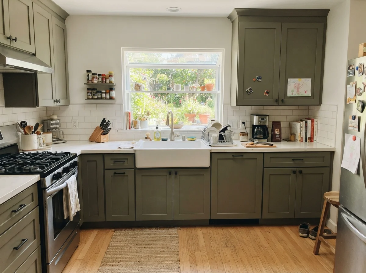 Kitchen with shaker cabinets painted Warm Eucalyptus, white subway tile, and white counters.