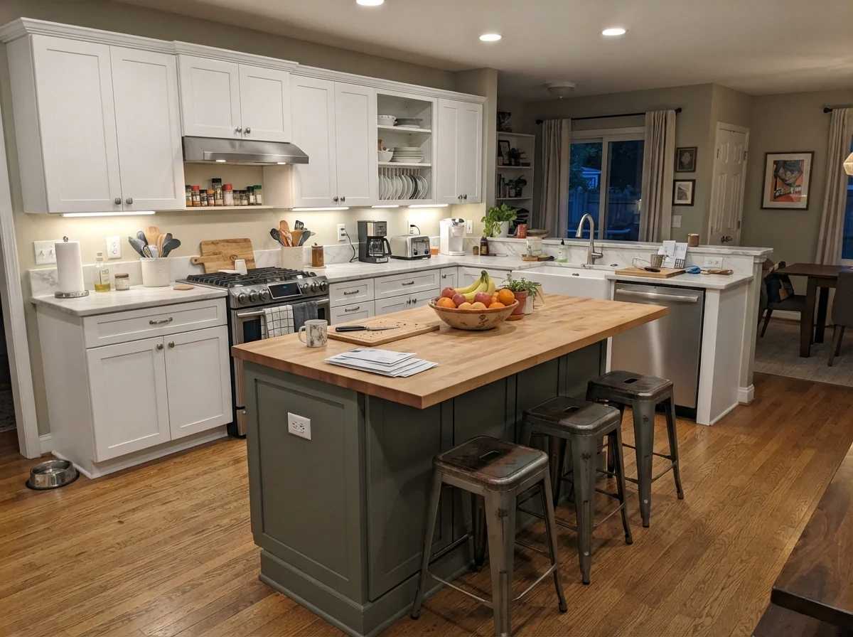 Family kitchen showing an island painted Warm Eucalyptus with surrounding white cabinets.