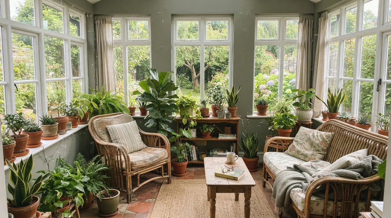 Sunroom with painted walls between white windows, rattan furniture, and potted plants.