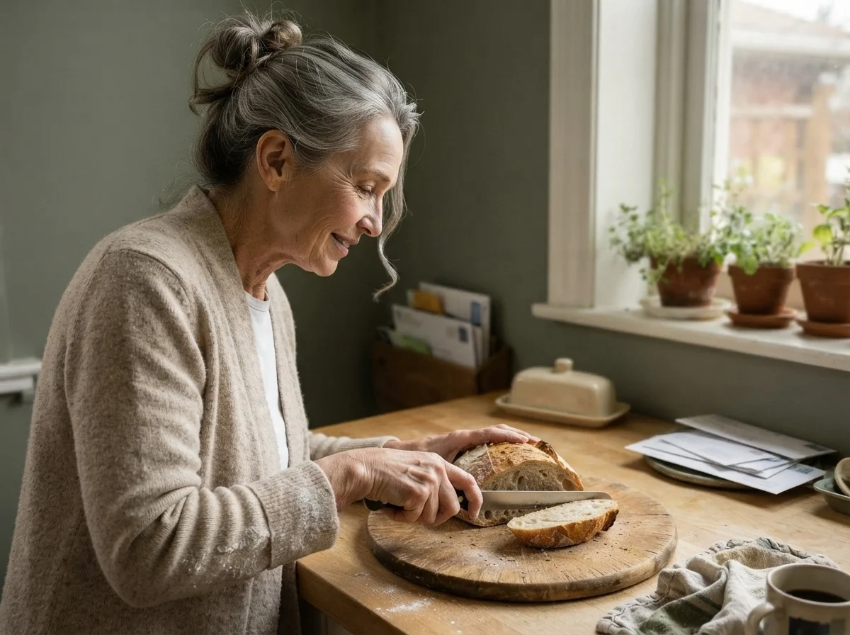 Susan Hartley slicing sourdough in a breakfast nook painted in Valspar Warm Eucalyptus.