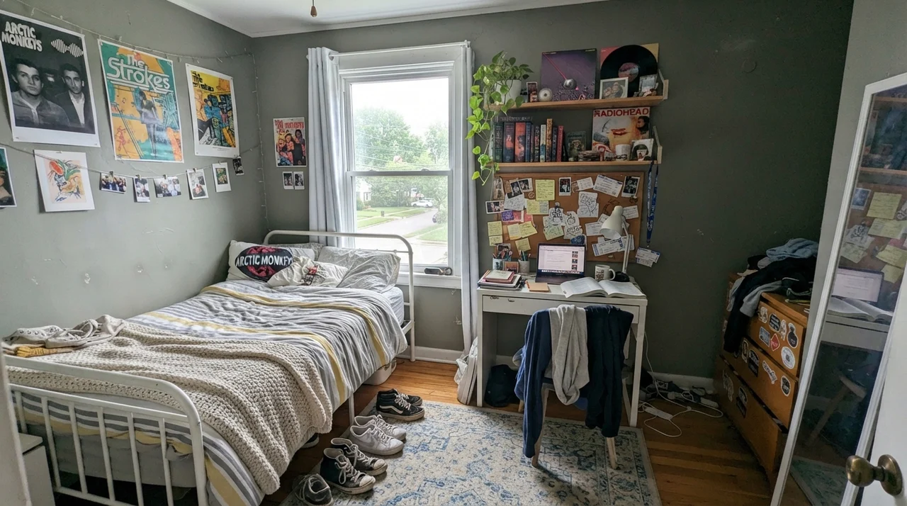 Teenager bedroom with painted walls, white metal bed frame, and desk.